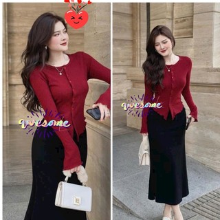 Set chân váy đuôi cá dáng dài mix áo body đính nút vạt xéo tay dài loe chất thun gân