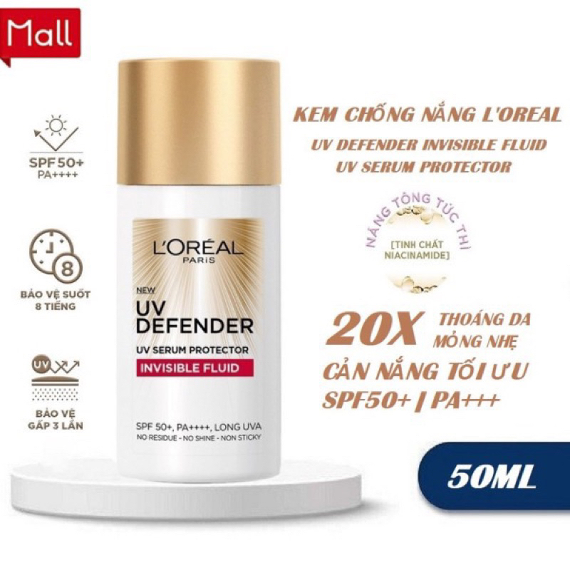 Kem chống nắng x20 thoáng da mỏng nhẹ L’Oreal Paris UV Defender Serum 50ml SPF 50++