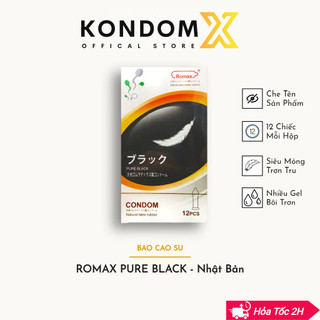 Bao cao su siêu mỏng ROMAX PURE BLACK, chính hãng Nhật Bản, hộp 12 bcs