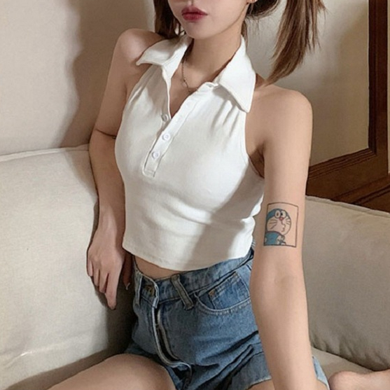 Áo thun croptop sát nách cổ sơ mi gài nút hở lưng màu trơn BS77