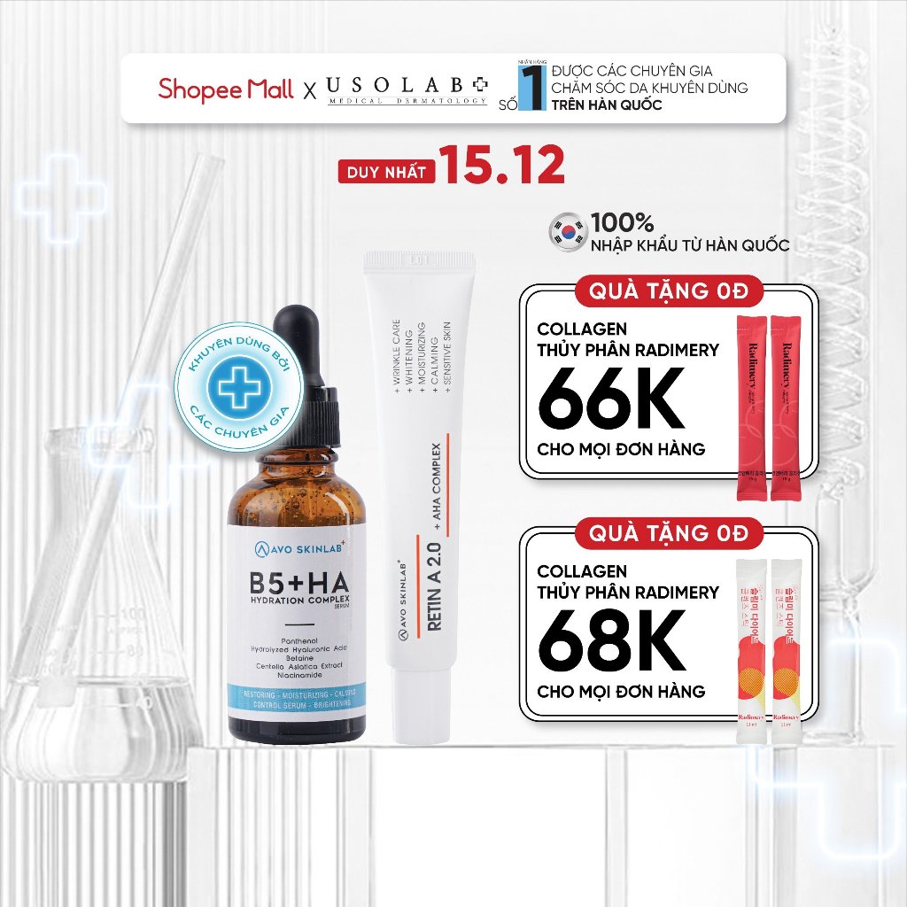 Bộ đôi trẻ hoá, giảm nếp nhăn và mụn USOLAB Serum HA B5 30ml + Kem Retin Dưỡng Chống Lão Hóa 30ml