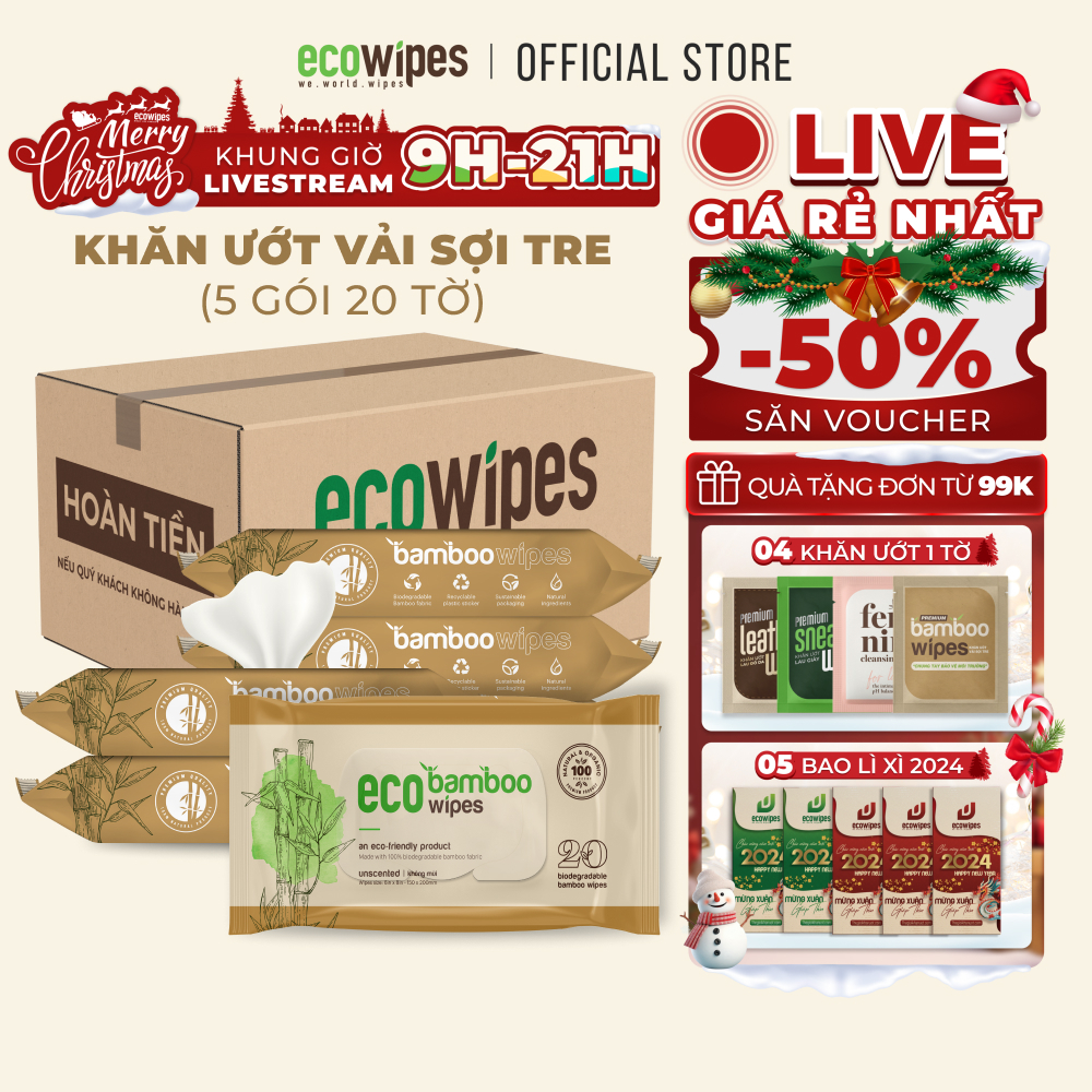 Combo 05 gói khăn giấy ướt cao cấp vải sợi tre kháng khuẩn EcoBamboo Ecowipes gói 20 tờ không mùi an toàn cho da