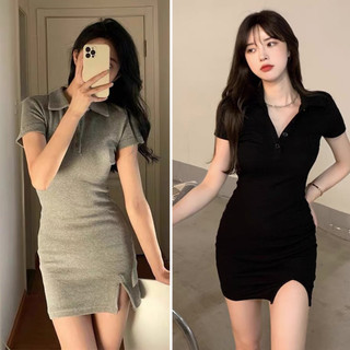 Đầm body cổ sơ mi xẻ trước dáng thể thao