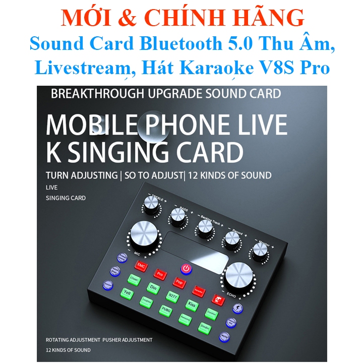 Sound Card có Bluetooth, Auto-tune, Pin 1200mAh dùng cho Thu âm, Livestream, Karaoke  K900 2022, V8S Pro