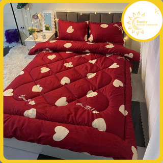Bộ chăn phao cotton poly họa tiết tim đỏ - chăn dày dặn sẵn ruột