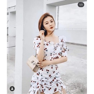 🍒Đầm Nữ Cherry Trắng, Váy Nữ Ôm Body, Nơ Lưng Vải Voan Thiết Kế Size Dưới 59kg Thanh Lịch, Tôn Dáng🍒