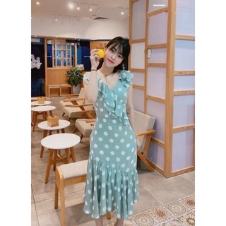 💚Đầm Nữ Chấm Bi Xanh Ngọc, Váy Nữ Đuôi Vải Lụa Vó 2 Lớp Thời Trang Size Dưới 58kg💚