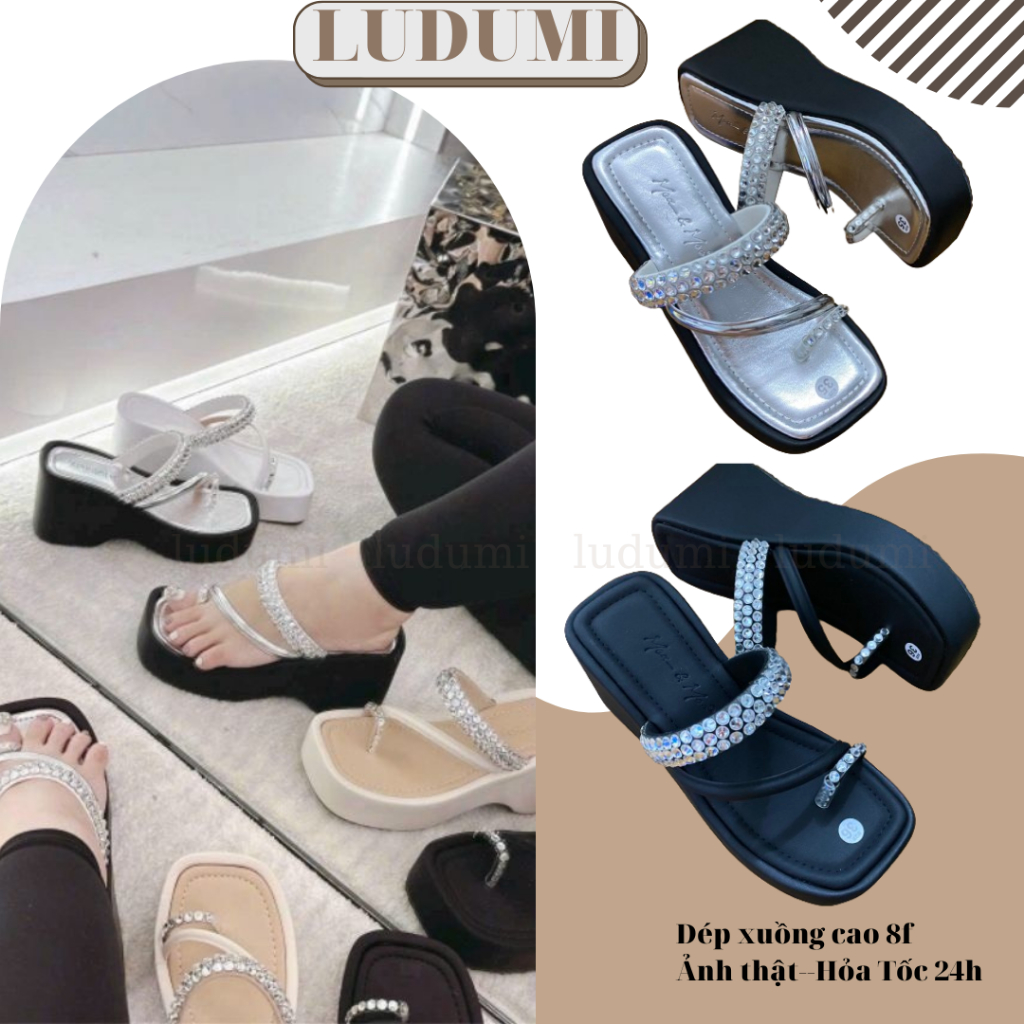 Dép xuồng xỏ ngón cao 7 phân -Quai đính đá mẫu mới - Dây kẹp mềm không đau chân