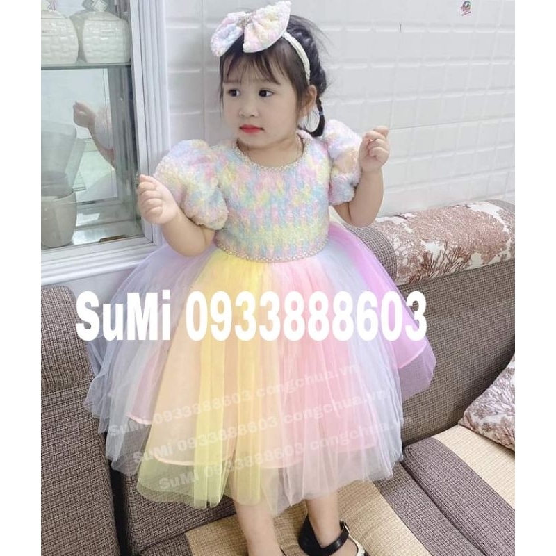 Đầm công chúa hoa hồng bảy sắc cầu vồng cho bé