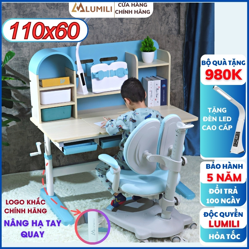 Bộ bàn học cho bé Lumili S112, bàn học chống gù thiết kế mái vòm thông minh, bàn học gỗ phân phối độc quyền bởi Lumili