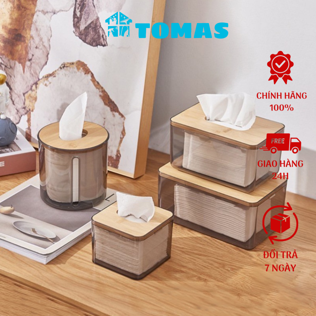 Hộp giấy nhựa trong mặt gỗ tre cao cấp, Hộp đựng giấy ăn tiện lợi dễ dùng