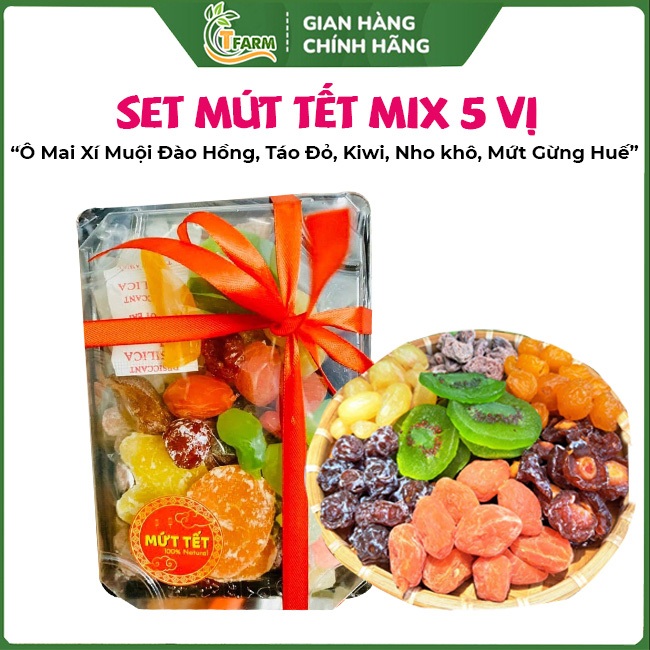 Mứt Tết mix 5 vị Ô mai xí muội đào hồng, Táo đỏ, Kiwi, Nho khô, mứt gừng Huế dẻo thơm, chua ngọt