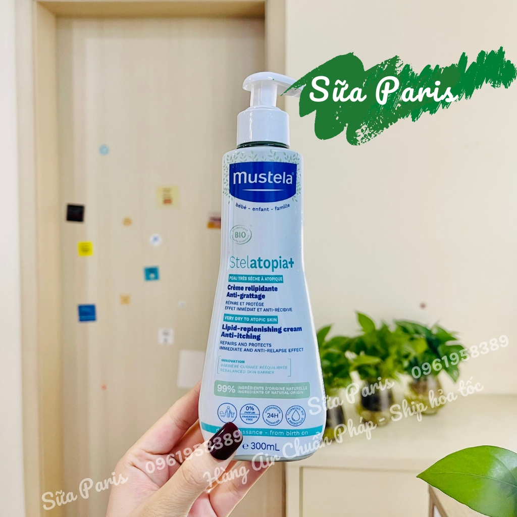 Kem Mustela stelatopia 300ml dành cho bé da khô, da rất khô, da cơ đia, chàm sữa, chai vòi, hàng nội địa Pháp.