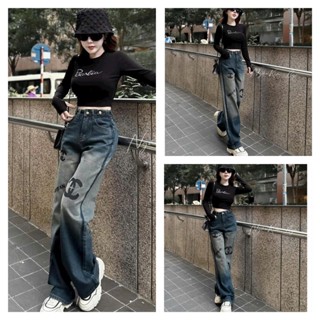 Quần Jeans Nữ Dáng  Suông In Chữ  Xanh Nhạt Vàng Wash Loang, Quần Bò Jeans Nữ Chất Bò Mềm Mịn Đẹp Chuẩn Form