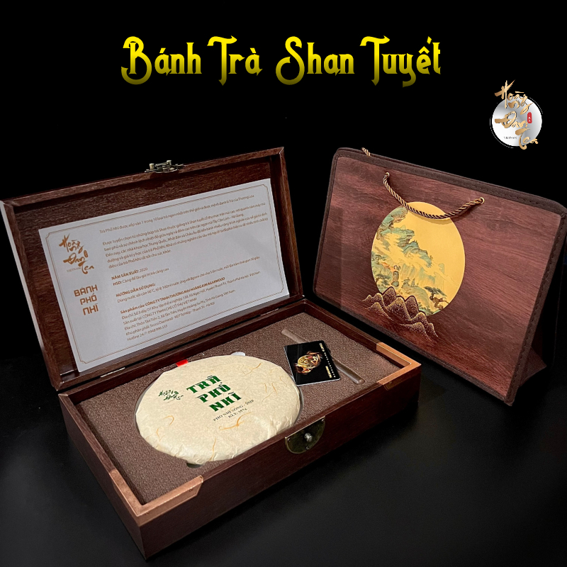 Bánh Trà Phổ Nhĩ Thượng Hạng Bộ Quà Biếu Tết 357Gr Hộp Chè Shan Tuyết Cổ Thụ Hộp Gỗ Kèm Túi Xách Tặng Doanh Nghiệp