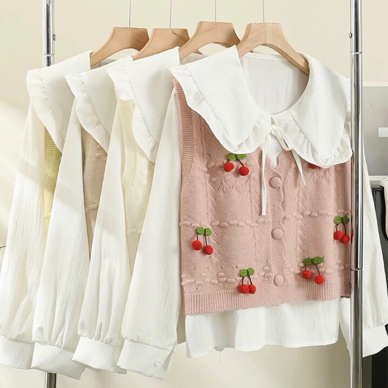 [BAL-02] Set áo sơ mi + gile len nữ thiết kế dễ thương phối quả cherry ngọt ngào