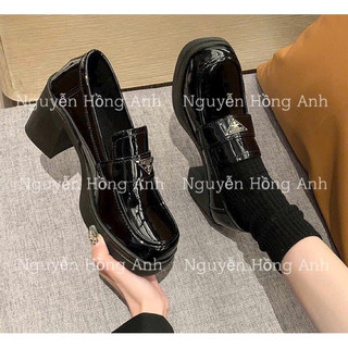  Giày đốc nữ da bóng đen  giầy lolita  đính hình tam giác gót vuông đế cao 7p  FULL HỘP  cho nữ 