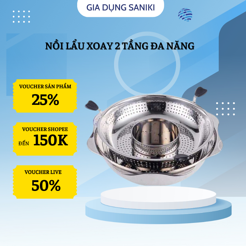 Nồi Lẩu Inox Xoay 2 Tầng Hàn Quốc SANKI Nồi Lẩu Đa Năng 2 Ngăn Dùng Được Bếp Từ Và Bếp Gas, Xoong Inox 304 Ăn Lẩu