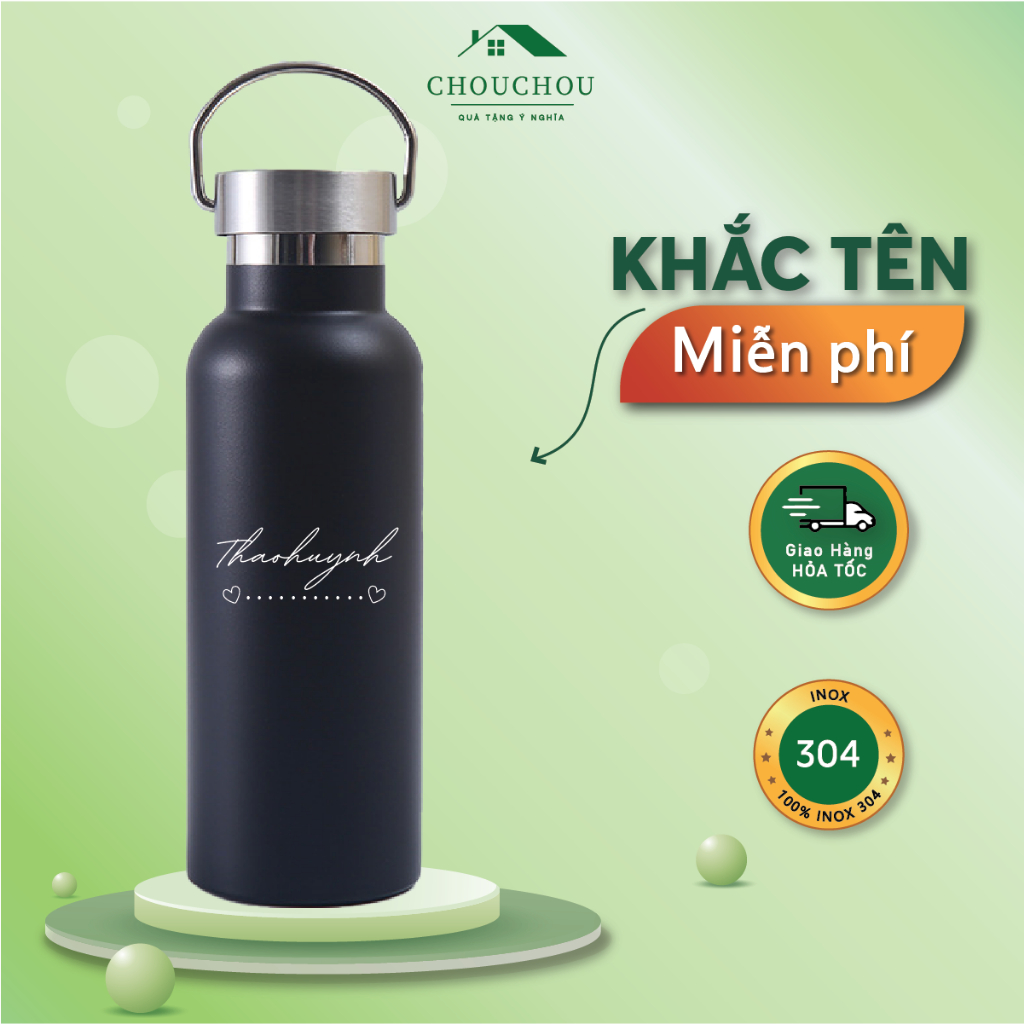 [Miễn Phí Khắc Tên] Bình giữ nhiệt ChouChou có QUAI XÁCH 500ml, Ly giữ nhiệt inox 304 cao cấp