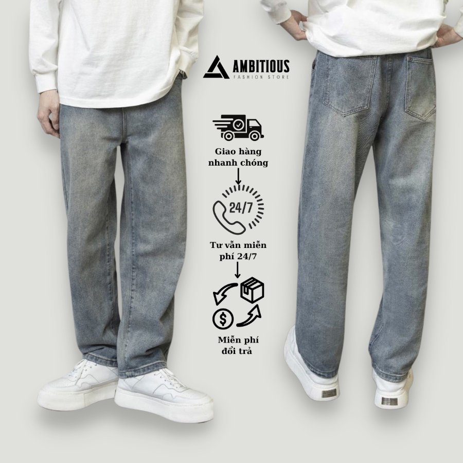 Quần Jean Nam Baggy Cạp Cao Wash Khói Ambitious, Quần Jean Nam Ống Suông Chất Jean Cao Cấp Phong Cách Hàn Quốc