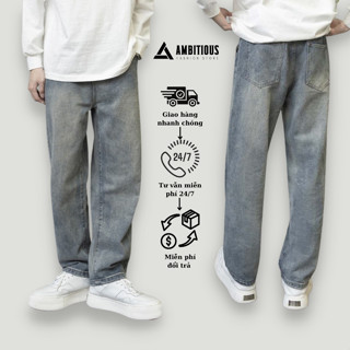 Quần Jean Nam Baggy Cạp Cao Wash Khói Ambitious, Quần Jean Nam Ống Suông Chất Jean Cao Cấp Phong Cách Hàn Quốc