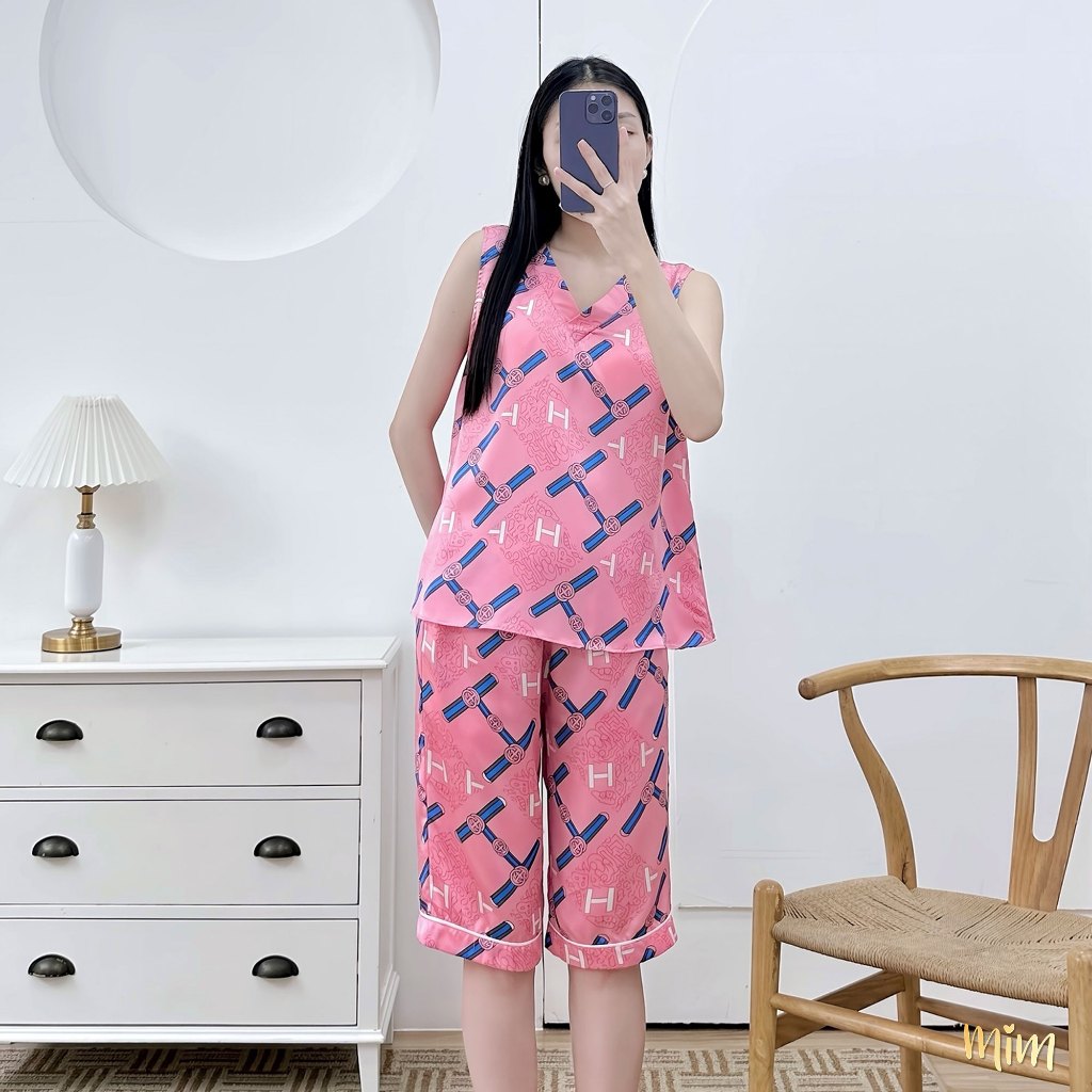 Đồ bộ Pijama lửng lụa Helen họa tiết, phom rộng bigsize Mĩm Store