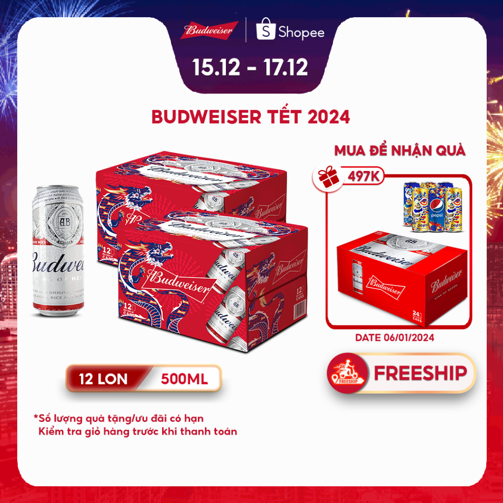 Combo 2 Thùng 12 Lon Cao Bia Budweiser Chính Hãng (500 ml/ lon) - Phiên Bản Tết 2024