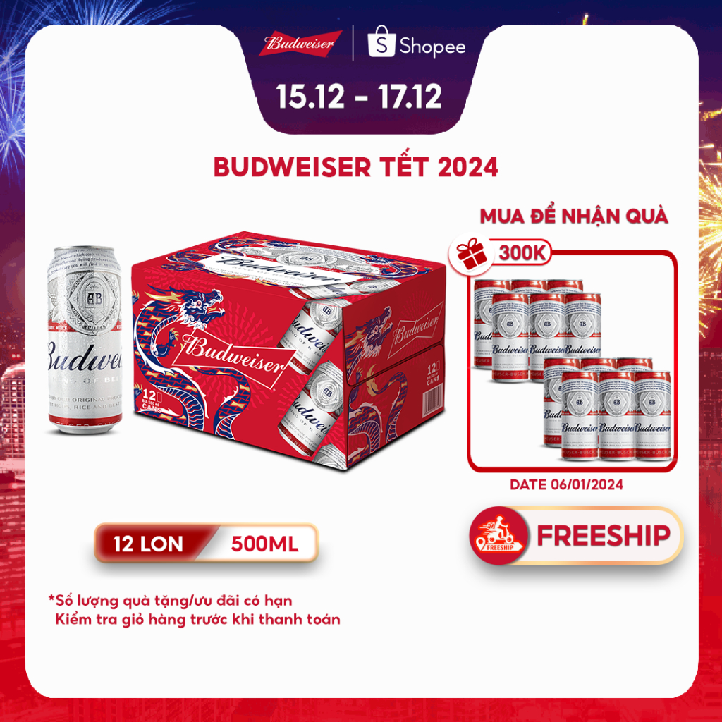Thùng 12 Lon Cao Bia Budweiser Chính Hãng (500 ml/ lon) - Phiên Bản Tết 2024