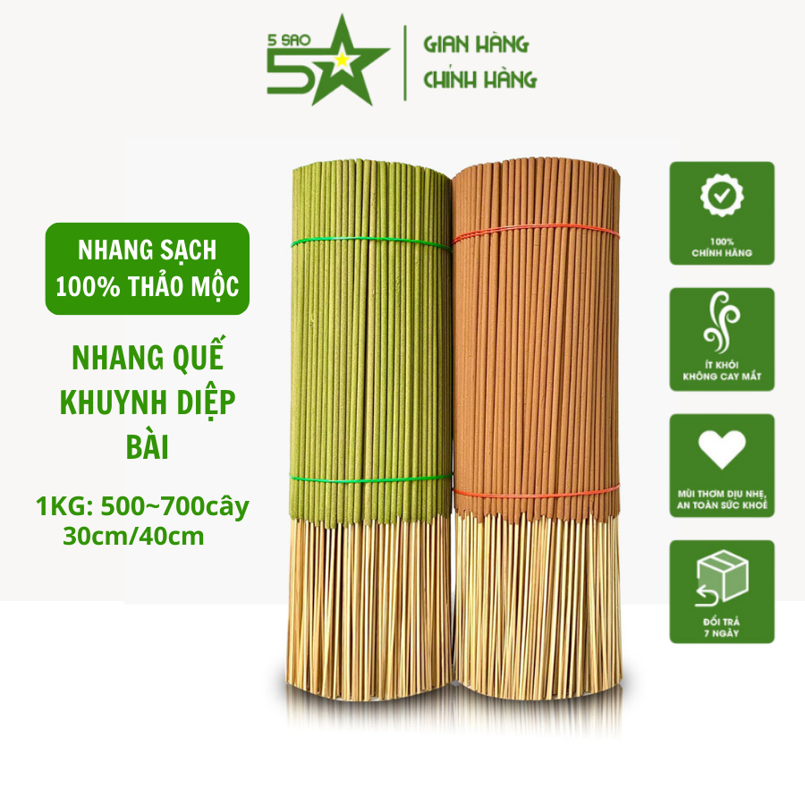 Nhang Sạch 5SAO 1kg Hương Quế Khuynh Diệp Bài 500 - 700 cây, Mùi Thơm Dễ Chịu Ít Khói Thư Giãn Tinh Thần, 100% Thảo Mộc