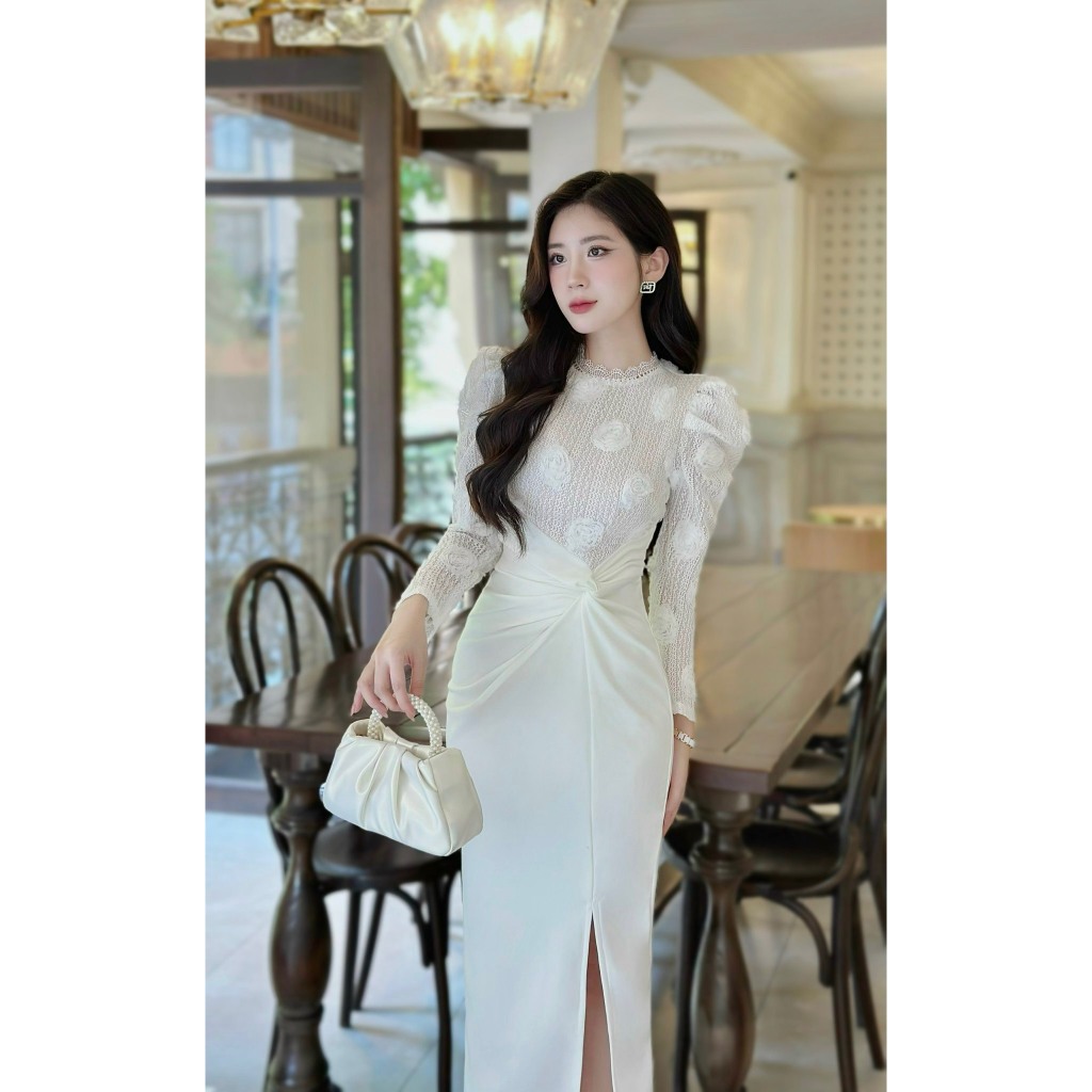 Váy ren họa tiết hoa cao cấp, đầm thiết kế ren kem có lót cho chị em diện đi tiệc đi chơi đi du lịch hẹn hò đều xinh