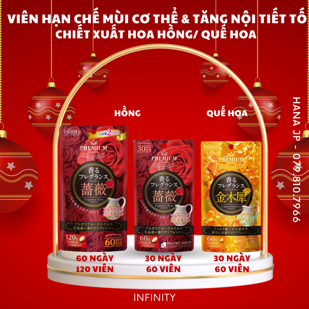 (Nội địa Nhật) Viên Thơm Cơ Thể HƯƠNG HOA HỒNG/ HOA QUẾ HOA Premium Infinity Fragrance 60/120 Viên Nhật Bản