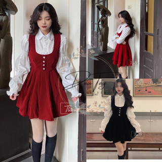 Set Yếm Váy Nhung Cúc Ngọc -  Váy nhung xòe chiết eo babydoll kèm áo sơ mi trắng dautay_fashion_hottrend