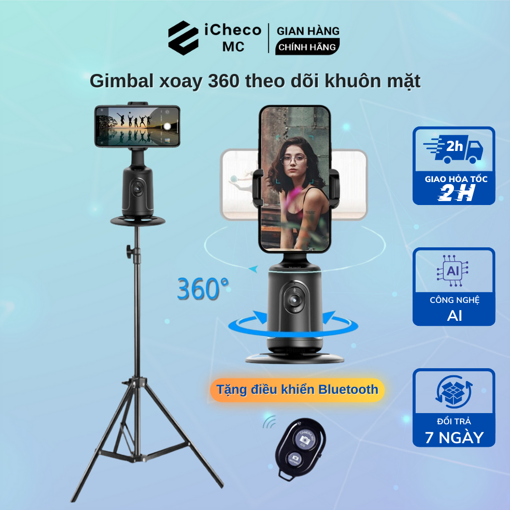 Gimbal quay video kiêm giá đỡ điện thoại livestream bán hàng quay 360 độ tự động theo dõi khuôn mặt iCheco P01