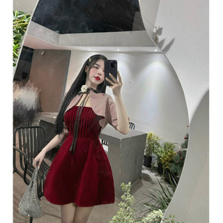 BIGSIZE HIẾU HIẾU (55-95KG) - Set váy 2 dây dập li kèm áo khoác dạ caro đỏ tay ngắn