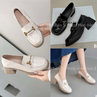 Giày moca đai miu chữ đồng mũi tròn da bóng gót vuông fullbox hàng quảng châu cao cấp