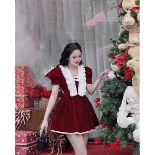 đầm nhung phối cổ ren hoa có lót trong xòe y ảnh 2 màu đỏ đen siêu xinh