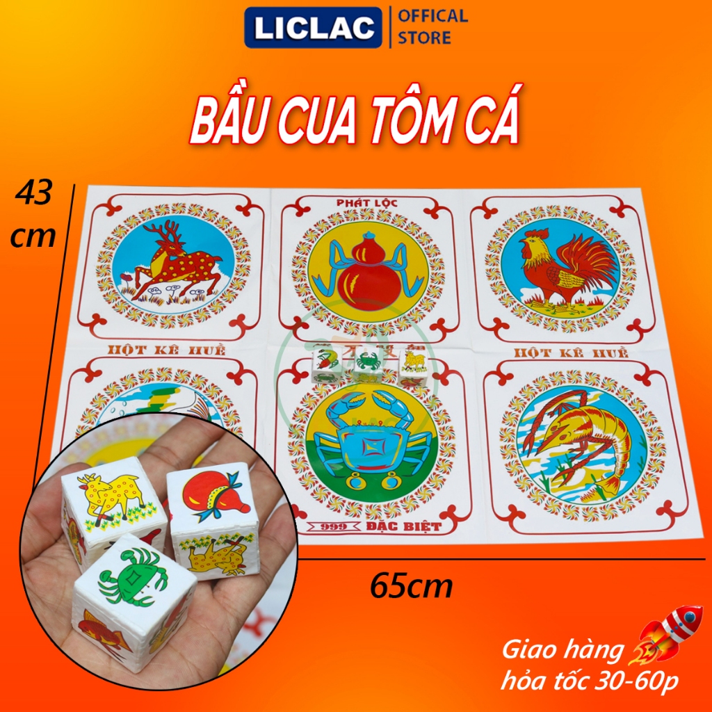 Bộ Bầu Cua Tôm Cá (Hột Xốp) hàng Việt Nam gồm bàn giấy 65cm x 43cm và 3 xúc xắc bằng Xốp, Đồ chơi ngày tết