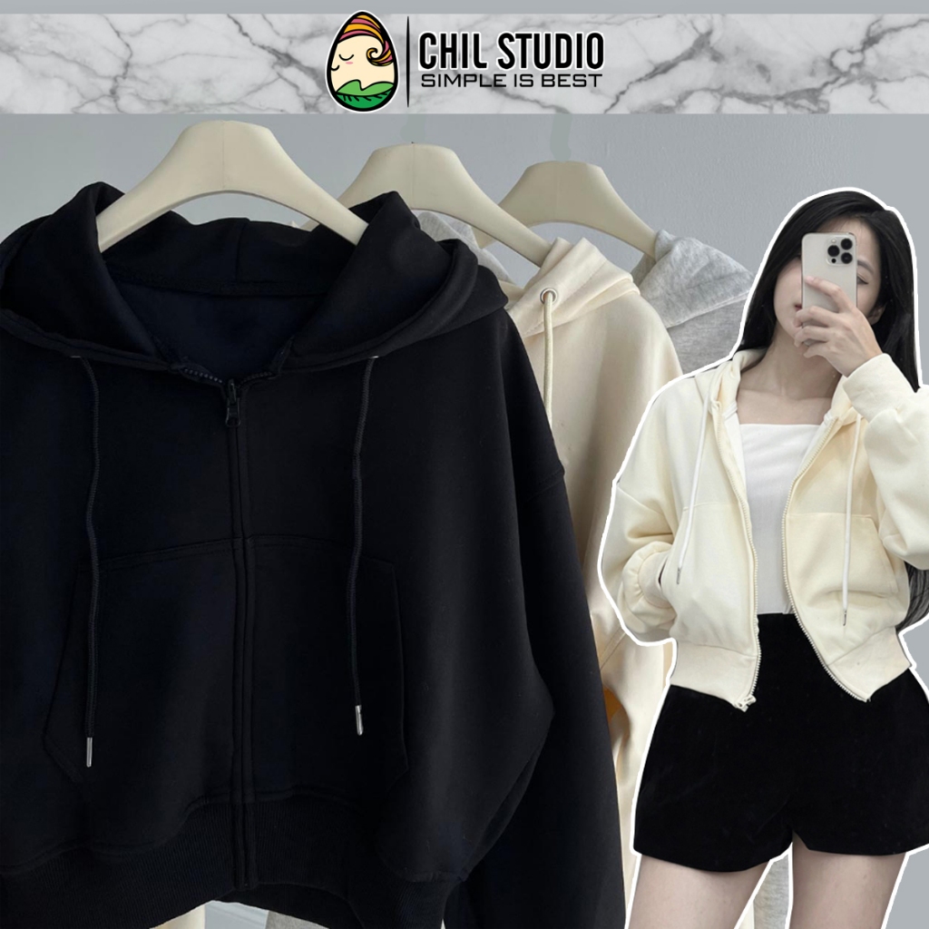Áo Khoác Nỉ CropTop Dầy Ấm, Có Mũ 2 Lớp BigSize Chil Studio, Áo Khoác Nỉ Form Rộng vải dầy 4 màu basic dễ phối đồ MS89