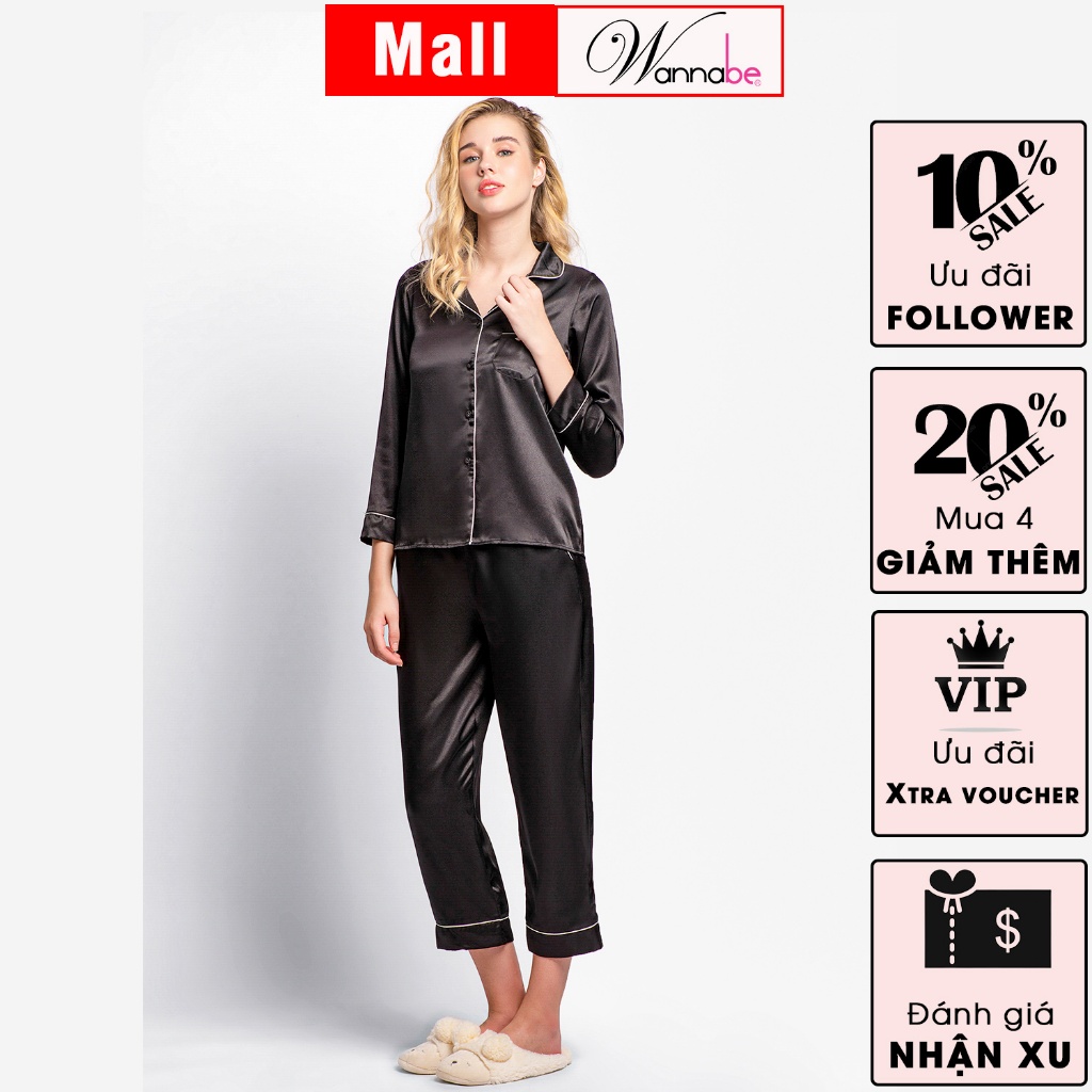 Đồ bộ mặc nhà nữ WANNABE BD35P đồ bộ quần dài áo tay ngắn pijama cổ điển viền gân sang chảnh sống mãi với thời gian