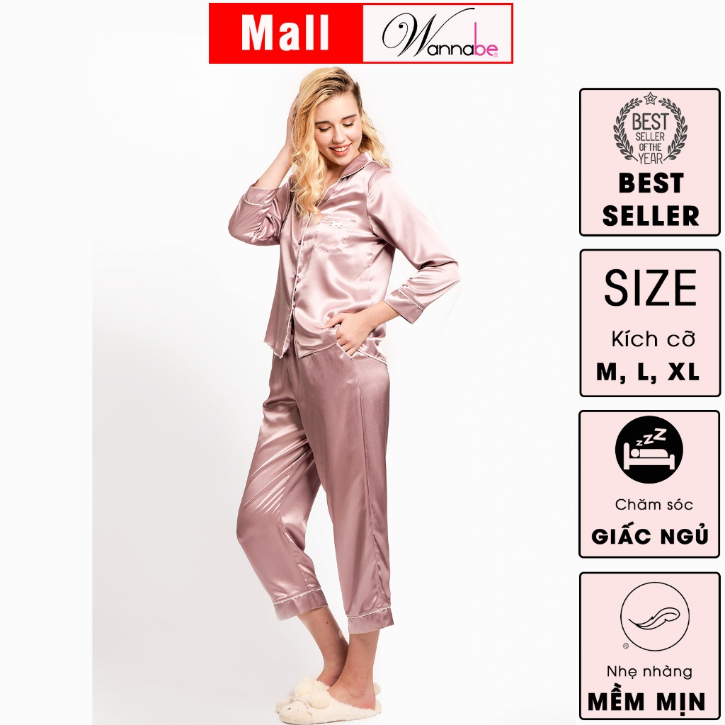 Đồ bộ mặc nhà nữ WANNABE BD35P đồ bộ quần dài áo tay ngắn pijama cổ điển viền gân sang chảnh sống mãi với thời gian