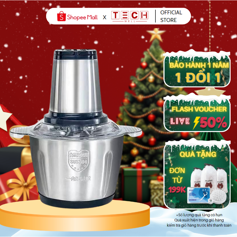 Máy Xay Thịt TECHWELL Công Suất Lớn 300W Dung Tích 2L 4 Lưỡi Thép Không Gỉ Dễ Dàng Vệ Sinh_MX99