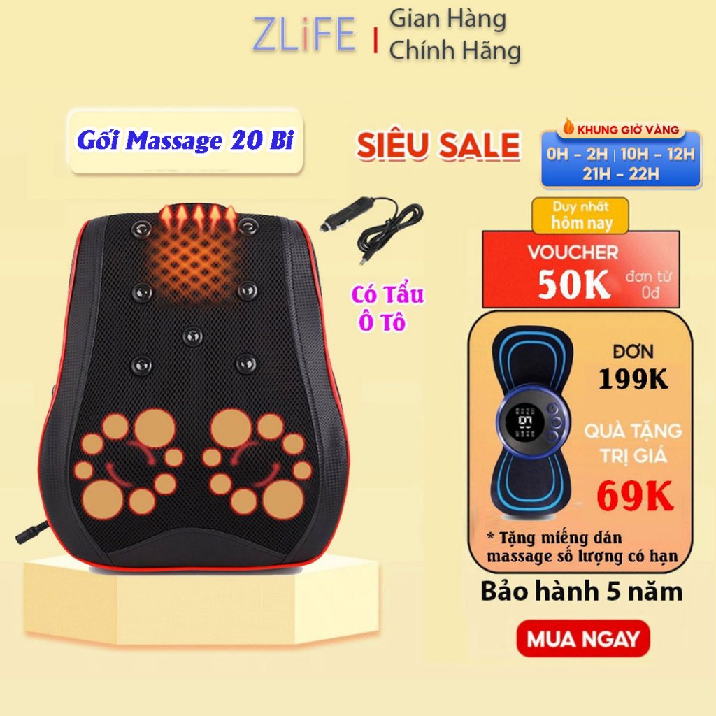 Gối massage cổ vai gáy cao cấp - Máy matxa lưng đa năng 20 bi lăn hồng ngoại thiết kế thông minh, đỡ đau mỏi vai gáy