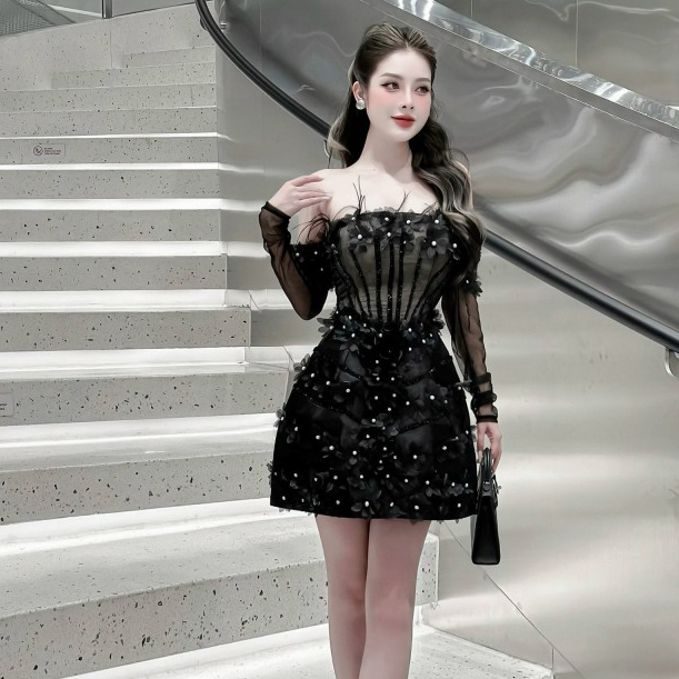 Váy dự tiệc, đầm đi dự tiệc tiểu thư sang chảnh trễ vai dài tay đính hoa cut out ở eo sexy quyến rũ thiết kế cao cấp LEV