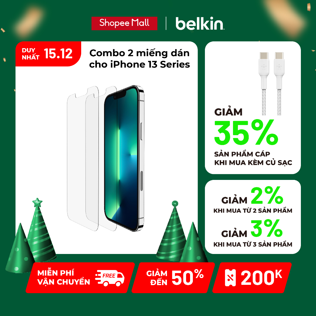 Combo 2 miếng dán màn hình Belkin cho iPhone 13 (không khay dán)