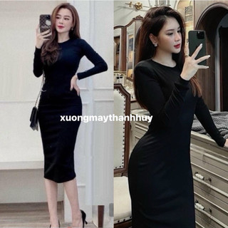 Váy body dài tay chất bozip nót nỉ đẹp co dãn, đầm ôm body cổ tròn chất thun bozip nỉ- body dài tay