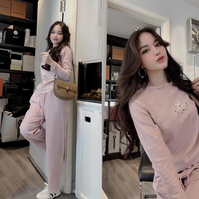 {Hàng Loại 1}Bộ Mặc Nhà Nữ Thu Đông Thêu Thỏ Hồng Cực Xinh Free Size