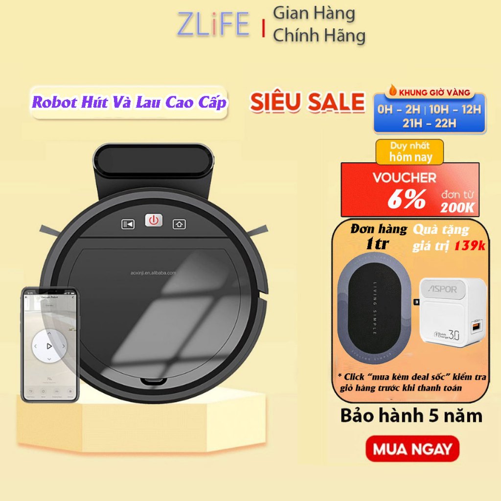 Robot hút bụi lau nhà thông minh tự động HC002,điều khiển qua app điện thoại,cảm biến chống rơi,tự động sạc khi hết pin