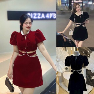 Đầm Nhung Cổ Tròn Phối Ren Khoét Eo Đính Đá Đầm Đi Tiệc Chơi Tết Sang Chảnh Bigsize Quỳnh Anh Từ 50kg Đến 100kg DCL2