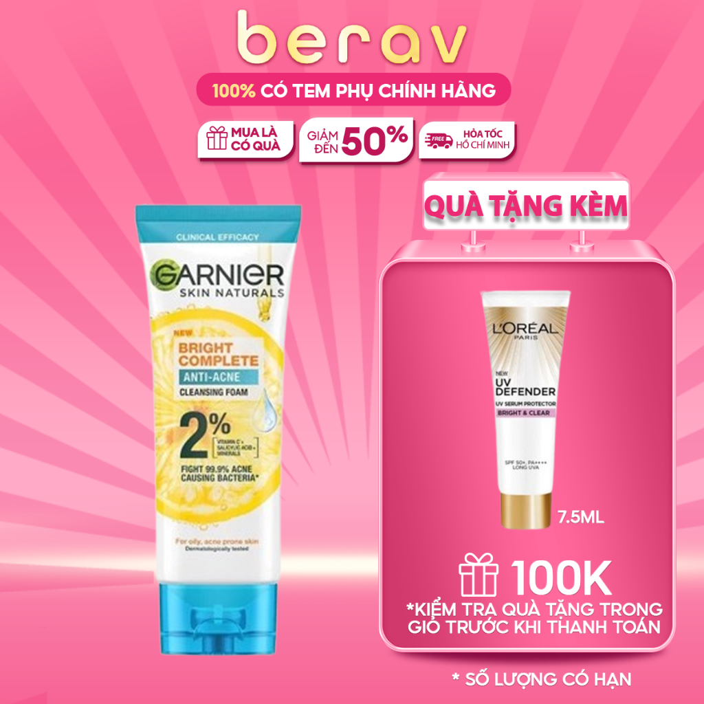 Sữa rửa mặt Garnier 3-trong-1 giảm mụn & sáng da Garnier Bright Complete Anti-Acne Foam 100ml