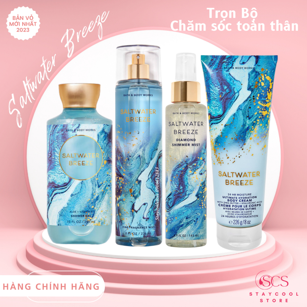 SALTWATER BREEZE- Trọn Bộ Xịt thơm bodymist Sữa tắm Dưỡng thể Bath & Body Works